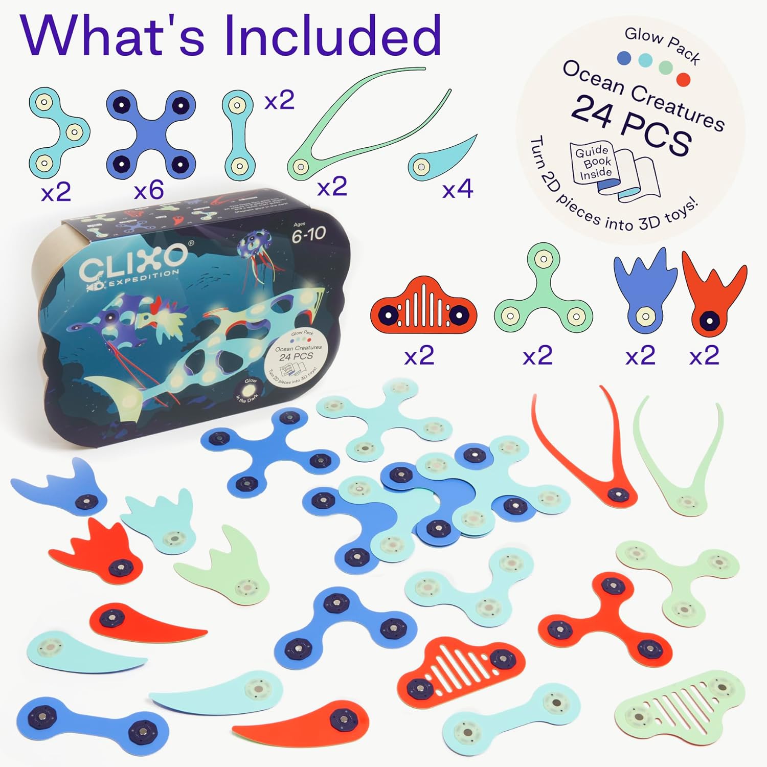 Clixo | Ocean Creatures Glow Pack - 24pc