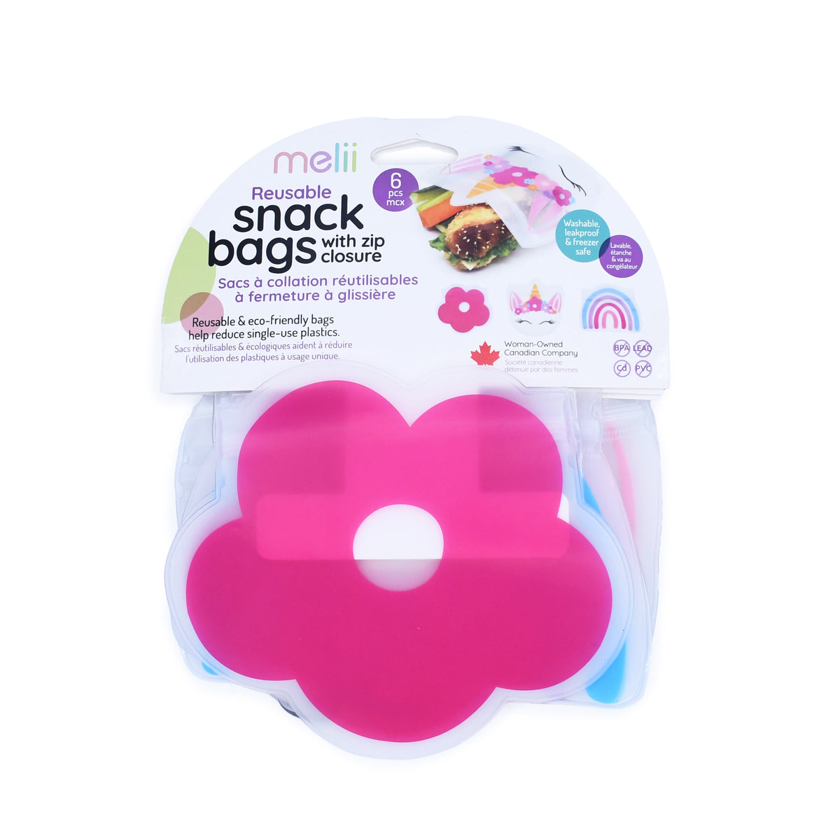 Melii | Reusable Snack Bags 6pk - Flower, Unicorn & Rainbow