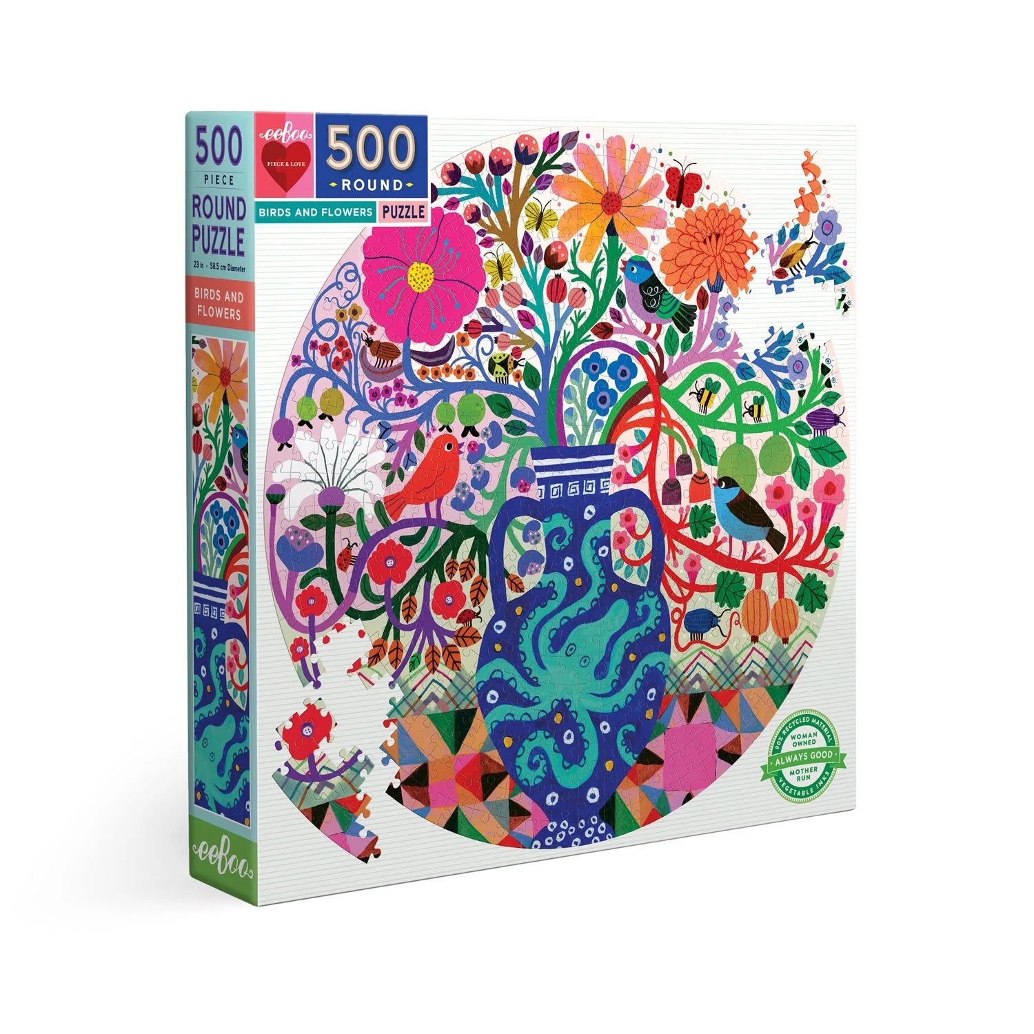 eeBoo | 500pc Round Puzzle - Birds & Flowers