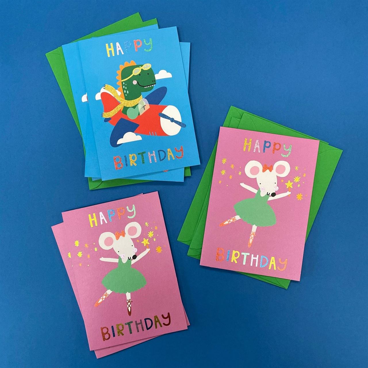 Raspberry Blossom Birthday Card Pack | Mouse + Dino 6pk