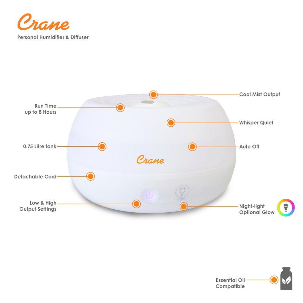 Crane | Ultrasonic Personal Humidifier and Diffuser | White