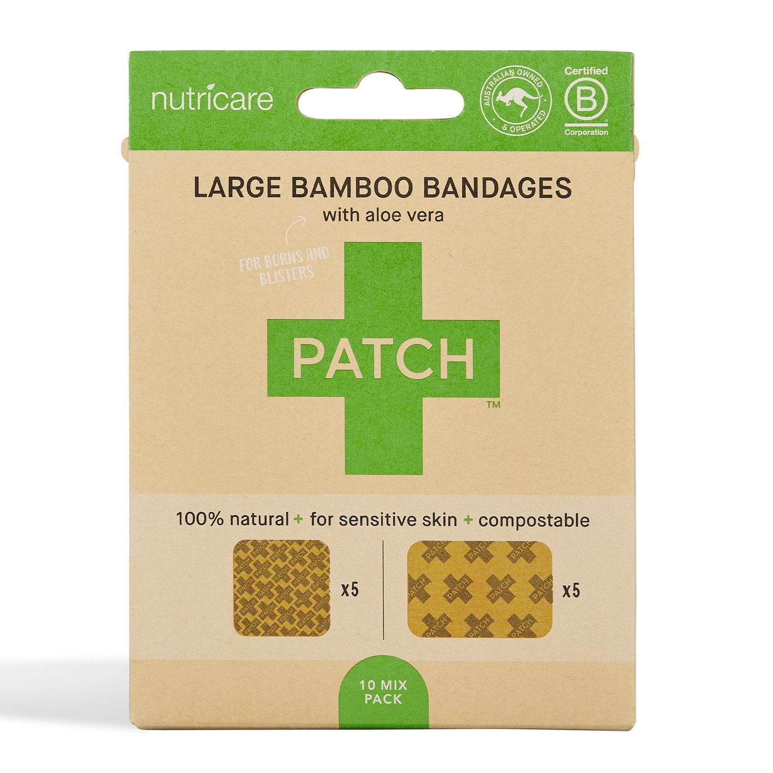 Patch | Aloe Vera Bamboo Bandages - Large Square and Rectangles - 10 pack