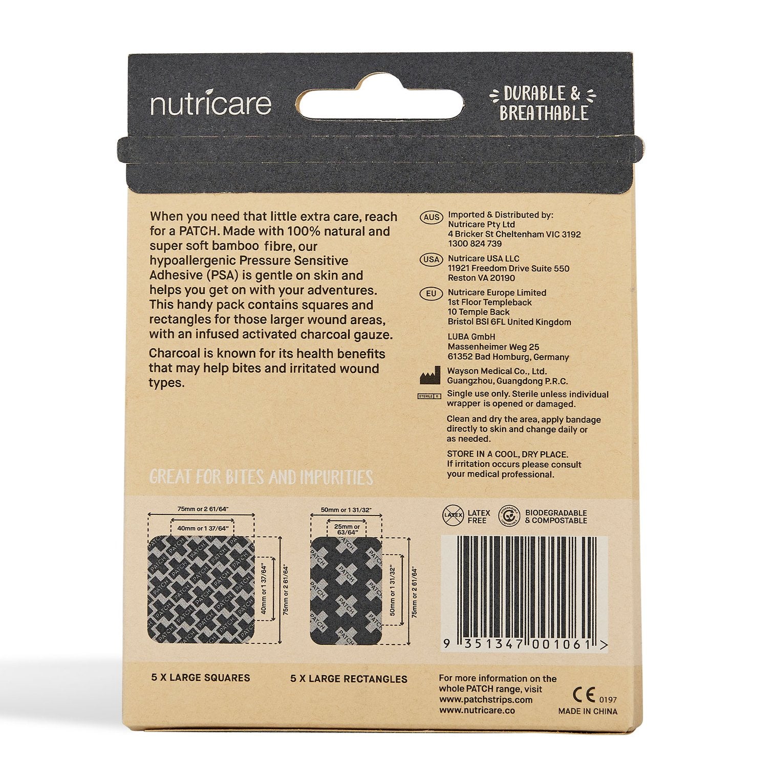 Patch | Activated Charcoal Bamboo Bandages - Large Square and Rectangles - 10 pack