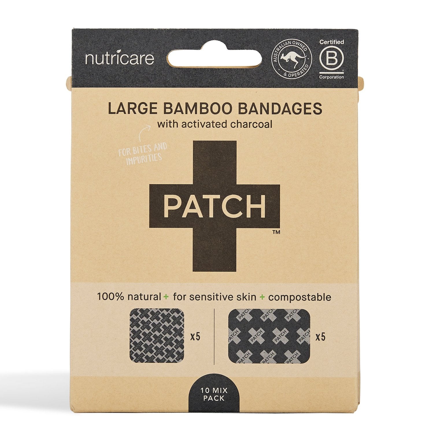 Patch | Activated Charcoal Bamboo Bandages - Large Square and Rectangles - 10 pack
