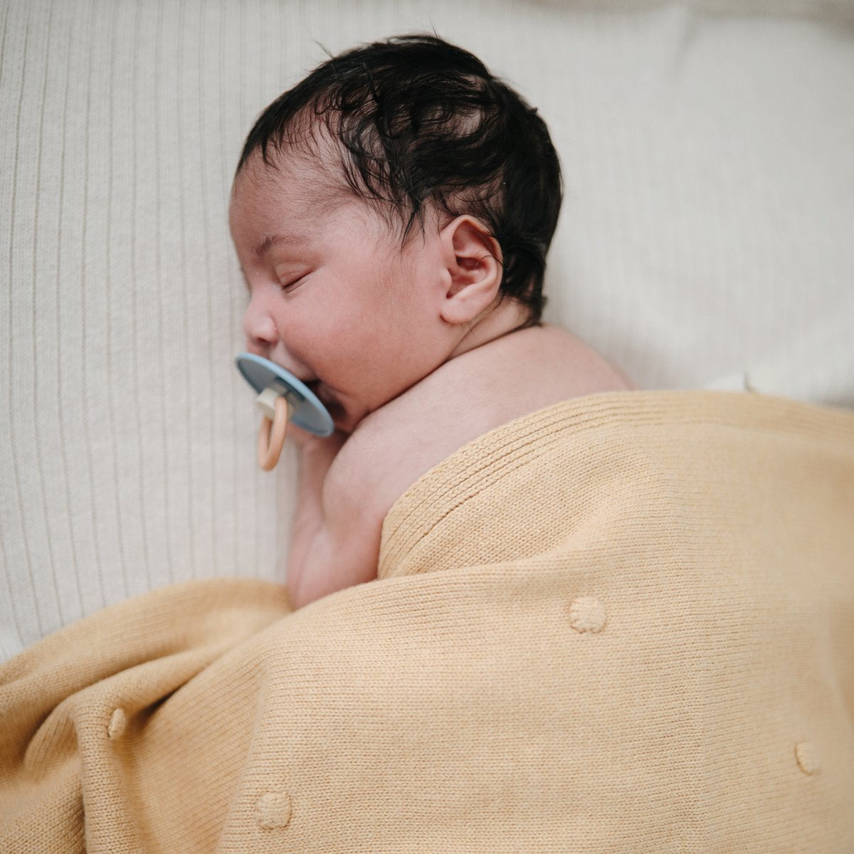 Mushie | Knitted Textured Dots Baby Blanket - Mustard Melange