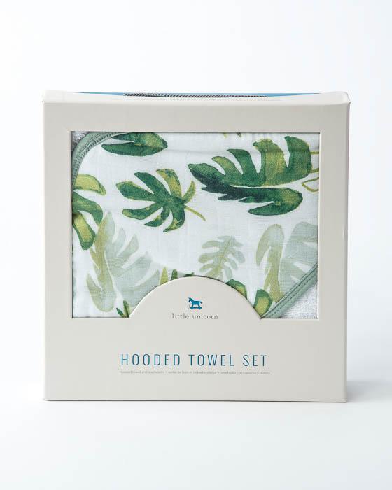 Little Unicorn | Hooded Towel & Wash Cloth - Tropical Leaf